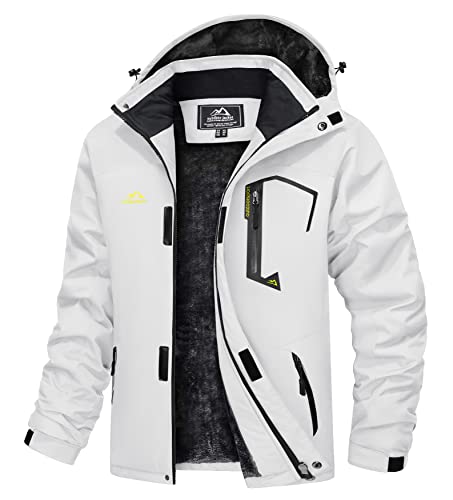 TACVASEN Herren Winter Winddichte Winterjacke Warme Fleece-Futter Ski Übergangsjacke mit Abnehmbarer Kapuze, Weiß, L von TACVASEN