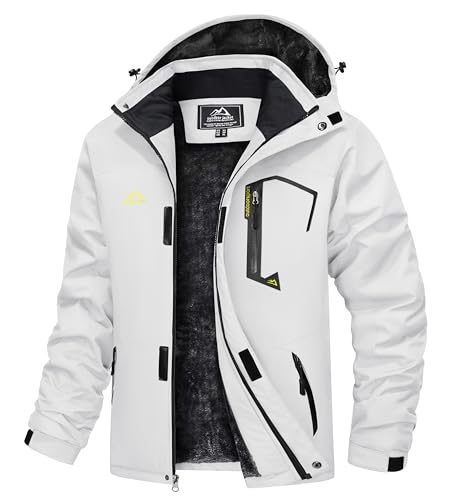 TACVASEN Skijacke Herren Wasserdichte Winddichte Winterjacke Warme Fleece-futter Outdoorjacke mit Kapuze, Weiß, L von TACVASEN