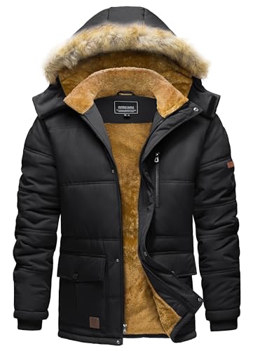 TACVASEN Herren Winterjacke Warm Gefüttert Jacke Winddicht Outdoorjacke Fleece Steppjacke Wasserabweisende Herrenjacke, (XXL, Schwarz) von TACVASEN