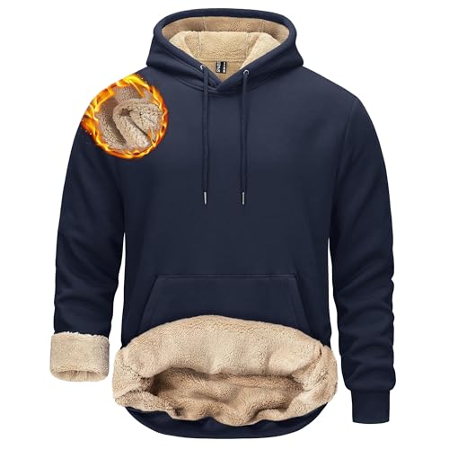 TACVASEN Herren Winterpullover Gefüttert Kapuzenpullis Pullover Hoody Sportshirts Herbst Winter mit Tunnelzug, Marineblau, XL von TACVASEN