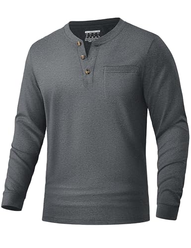 TACVASEN Langarm Henley Shirt Herren T-Shirts Männer Baumwolle Freizeitshirt Herbst Atmungsaktiv Oberteile mit Knopfleiste (3XL, Dunkelgrau) von TACVASEN