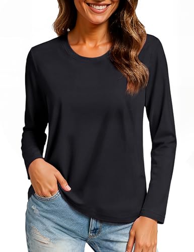 TACVASEN Langarmshirt Baumwolle für Damen Langarm T-Shirt Rundhals Oberteile Basic Tops Lässig Sportshirt Schwarz S von TACVASEN