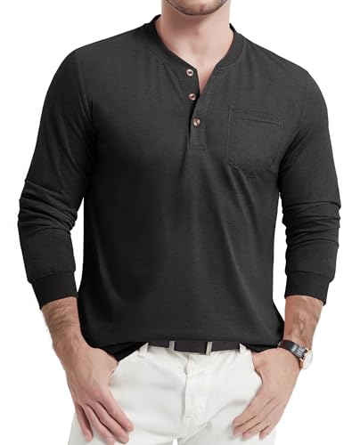 TACVASEN Langarmshirts für Herren Frühling Henley Shirt Baumwolle T-Shirt Atmungsaktiv Leichte Unterziehshirt mit Brusttasche (3XL, Schwarz) von TACVASEN