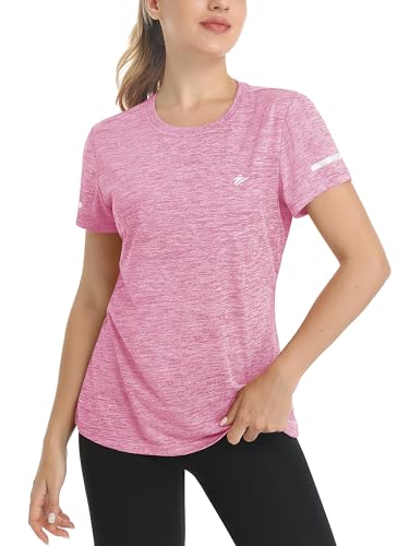 TACVASEN Damen T-Shirt Atmungsaktiv O-Neck Schnell Trocknend Stretch Kurzärmelige Angeln Wandern Fahrrad mit Rundem Ausschnitt (L, Rosa) von TACVASEN