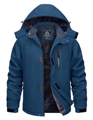 TACVASEN Mens Jacket Winter Wasserdicht Atmungsaktiv Skijacke Warme Gefüttert Funktionsjacke mit Abnehmbarer Kapuze Dunkelblau, L von TACVASEN