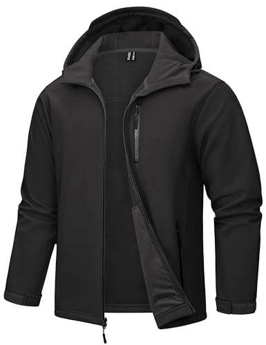 TACVASEN Outdoor Softshelljacken für Herren Wasserdicht Übergangsjacke Warme Fleece Gefüttert Winterjacke Winddicht Funktionsjacke mit Kapuze Schwarz, 2XL von TACVASEN