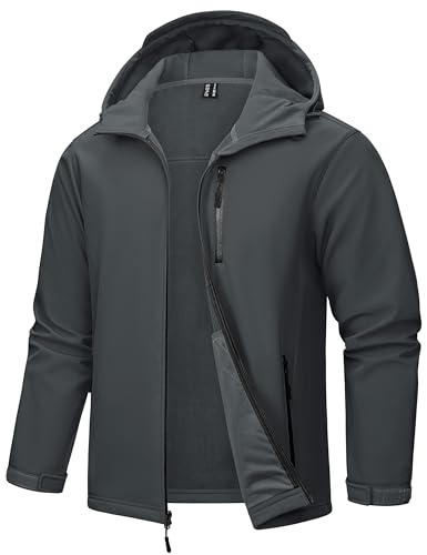 TACVASEN Outdoorjacke Herren Wasserdicht Atmungsaktiv Übergangsjacke Winddicht Softshell Jacke Thermo Fleece Gefüttert Windbreaker mit Kapuze Dunkelgrau, L von TACVASEN