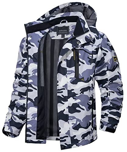 TACVASEN Outdoorjacke Herren Wasserdicht Wanderjacke Leicht Übergangsjacke Kapuze Jacke Regenjacke, Hellgrau Camo, M von TACVASEN