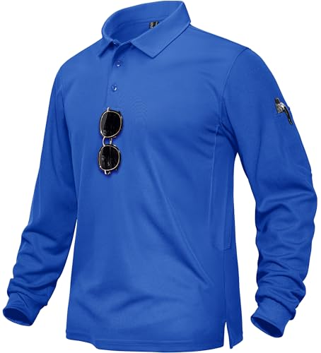 TACVASEN Herren Poloshirt Langarm Golf Polohemd Tactical Shirt Polo Leicht Atmungsaktiv Freizeitshirts mit Brillenhalter (S, Blau) von TACVASEN