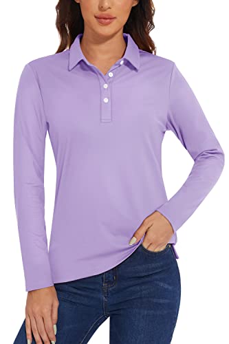 TACVASEN Poloshirt Damen Langarm Funktionsshirt UPF 50+ Schutz T-Shirt Golf Polo Sportshirt Casual Freizeitshirt (XXL, Hellviolett) von TACVASEN