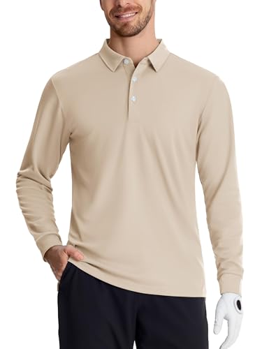 TACVASEN Poloshirt Herren Langarm Leicht Schnelltrocknend Funktionsshirts Casual Polo Tactical Shirt Oberteil, Khaki, XL von TACVASEN