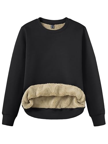 TACVASEN Pullover Damen Sweatshirt Baumwolle Langarmshirt Rundhals Ohne Kapuze Winter Basic Fleecepullover Warme Casual Oberteil Elegant Tops Bluse Schwarz, L von TACVASEN