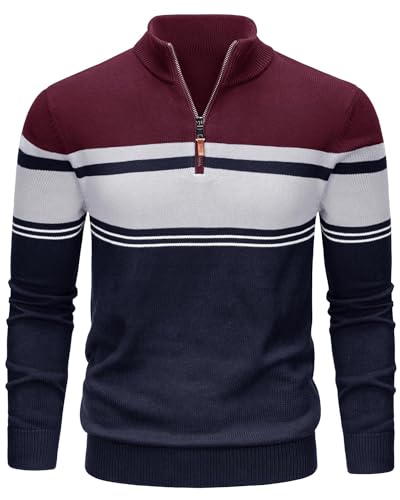 TACVASEN Pullover Herren Langarm Stehkragen Half Zip Sweater Baumwolle Strick Warm Weich Komfortabel Herbst Winter Freizeit Navy-rot M von TACVASEN