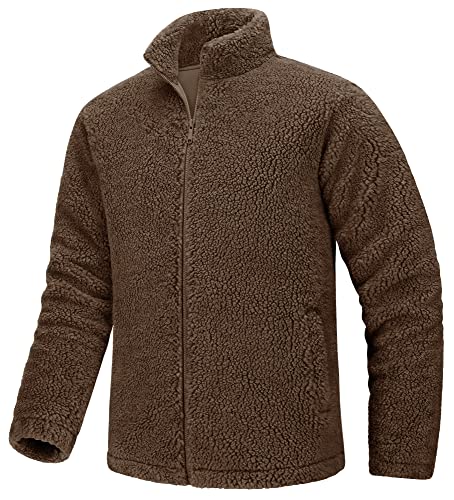 TACVASEN Sherpa Jacke Herren Fleecejacke Casual Outdoor Winterjacke Warm Fleece Teddyjacke Männer Full Zip (L, Braun) von TACVASEN