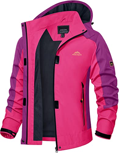 TACVASEN Damen Übergangsjacke Wasserdicht Regenjacke Windjacke Leicht Herbst Outdoorjacke Wanderjacke Funktionsjacke Kapuzenjacke Outdoor Windbreaker, Rosa Rot von TACVASEN