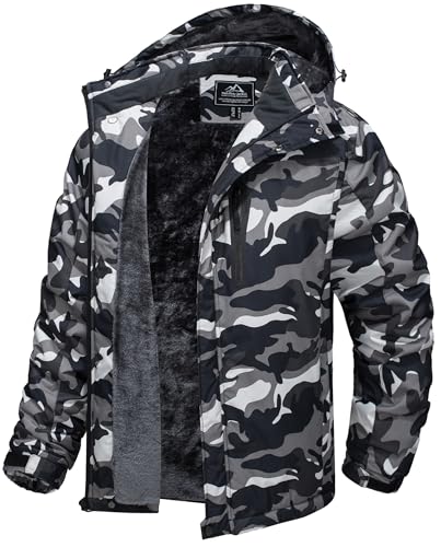 TACVASEN Skijacke Herren Wasserdicht Warme Gefüttert Winterjacke Winddicht Atmungsaktiv Funktionsjacke Schwarz Camo, 2XL von TACVASEN
