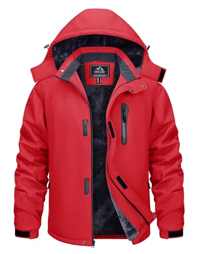 TACVASEN Softshelljacke für Herren Winddicht Outdoor Winterjacke Warme Atmungsaktiv Wasserdicht Wanderjacke mit Kapuze Rot, L von TACVASEN
