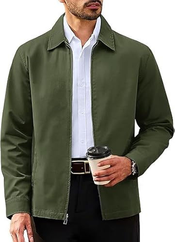 TACVASEN Sommerjacke Männer Leichte Fliegerjake Frühling Sommer Blouson Full Zip Up Bauwolle Bomberjacke mit Taschen Armeegrün, 2XL von TACVASEN