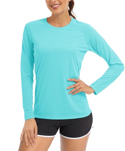 TACVASEN Damen Sonnenschutz Langarm Sommer Laufshirt Bademode Schnelltrocknend Rashguard UV-Schutz Sport Shirt (M, Seeblau) von TACVASEN