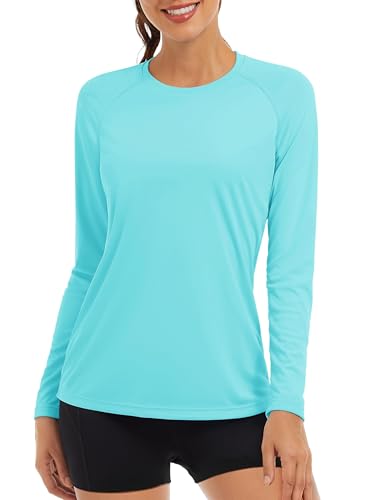 TACVASEN Damen Sonnenschutz Langarm Sommer Laufshirt Bademode Schnelltrocknend Rashguard UV-Schutz Sport Shirt (XL, Seeblau)(XL,Seeblau) von TACVASEN