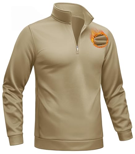 TACVASEN Sport Pullover Herren Long Sleeves T Shirt Langarm Warm Bekleidung Sweatshirt mit Reißverschluss Khaki L von TACVASEN