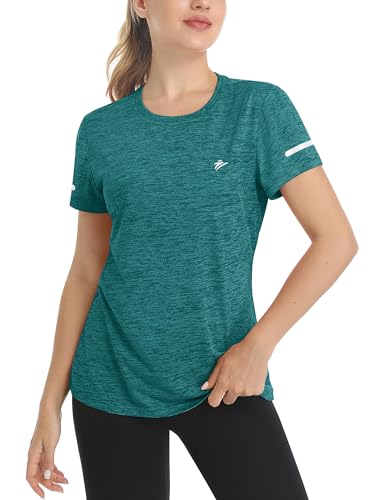 TACVASEN Sport Tshirt Damen Kurzarm Outdoor Freizeitshirt Stretch Atmungsaktiv Funktions Basic Meliert Shirt Wandern Gym Yoga (L, Jadegrün) von TACVASEN