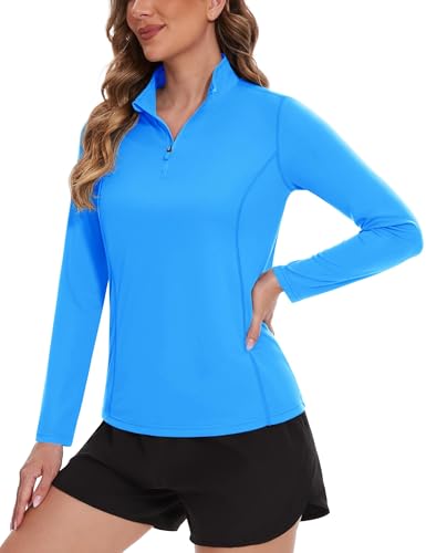 TACVASEN Sportshirt Damen Langarm Leicht Sommershirt UPF 50+ Atmungsaktiv Laufshirt Outdoor Rash Guard Surfen (L, Azurblau) von TACVASEN