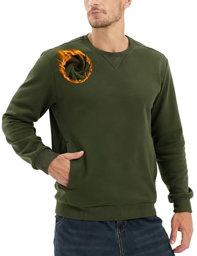 TACVASEN Fleece Pullover Herren Winter Langarmshirt Baumwolle mit Taschen Arbeitspullover Ski Pullover, Militärgrün, L von TACVASEN