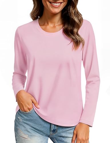 TACVASEN T-Shirt Langarm für Damen Baumwolle Rundhals Langarmshirt Sport Oberteile Basic Tops Lässig Herbst Pink 2XL von TACVASEN