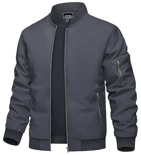 TACVASEN Herren Sommer Jacket College Jacke Bomberjacke Leichte Fliegerjacke Pilotenjacke Bomber Freizeitjacke mit Taschen (M, Dunkelgrau) von TACVASEN