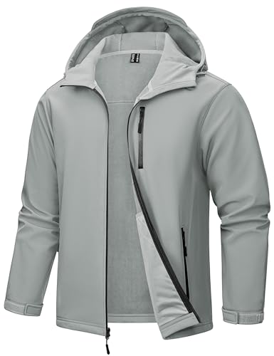 TACVASEN Übergangsjacke Herren Wasserdicht Softshell Jacke Fleece Gefüttert Thermo Windbreaker Winddicht Atmungsaktiv Outdoor Jacke mit Kapuze Hellgrau, S von TACVASEN