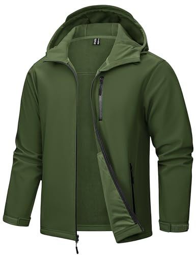 TACVASEN Übergangsjacke Herren Wasserdicht Winddicht Wanderjacke Atmungsaktiv Outdoor Jacke Warme Fleece Gefüttert Windbreaker mit Kapuze ArmeeGrün, 2XL von TACVASEN