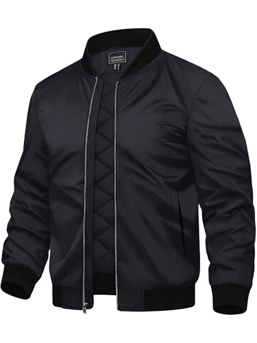 TACVASEN Übergangsjacke Herren mit Stehkragen Bomberjacke College Jacke Leichte Freizeitjacke Sweatjacke Ohne Kapuze Outdoor,Black,S von TACVASEN