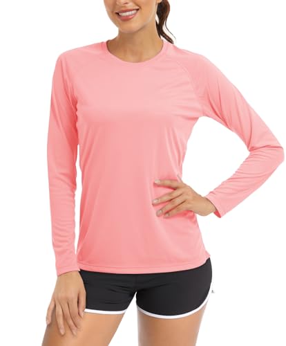 TACVASEN UV-Schutz Shirt Langarm Damen Sonnenschutz Sommer Gym Tops Bade Outdoor Angel UV Sun Protection Shirt (L, Rosa) von TACVASEN