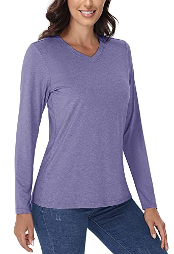 TACVASEN UV Schutz Sonnenschutz T-Shirt Damen V-Ausschnitt Surfen Shirt Schnelltrocknend Laufen Fitness Langarmshirt, Violett, S von TACVASEN