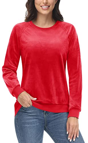 TACVASEN Velour Trainingsshirts Damen Langarmshirt Crewneck Stretch Sweatshirts Sport Oberteil Hoodie, Tomate Rot, L von TACVASEN