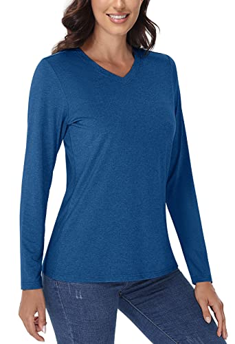 TACVASEN Wandershirt Damen UPF 50+ T-Shirt V-Neck Workout Atmungsaktiv Laufshirt Schnelltrocknend Oberteil, Mittelblau, S von TACVASEN