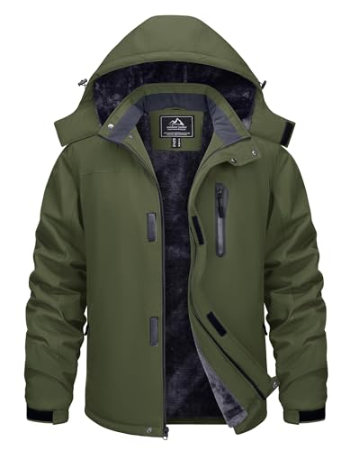 TACVASEN Winter Jacket Men Wasserdicht Gefütterte Outdoorjacke Winddicht Atmungsaktiv Softshelljacke mit Kapuze Armeegrün, L von TACVASEN