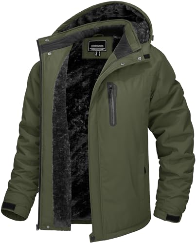 TACVASEN Winter Jacket Men Wasserdicht Gefütterte Outdoorjacke Winddicht Atmungsaktiv Softshelljacke mit Kapuze Armeegrün, M von TACVASEN