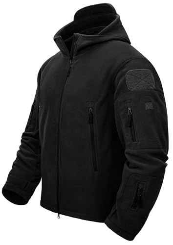 TACVASEN Herren Fleecejacke Military Outdoor Winddichte Jacke mit Kapuze, Gr. 3XL, Schwarz von TACVASEN