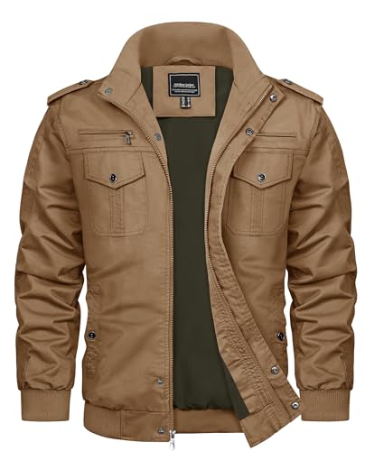 TACVASEN Herren Jacke Übergang Cargo Arbeitsjacke Winddichte Bundeswehr Frühlingsjacke Armeejacke Windbreaker, (M, Khaki) von TACVASEN