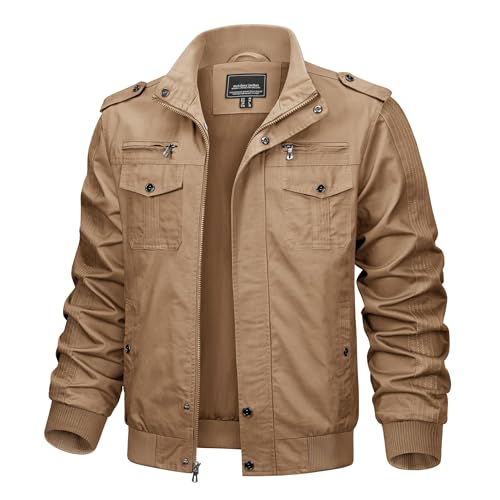 TACVASEN Herren Jacke Übergang Cargo Arbeitsjacke Winddichte Bundeswehr Frühlingsjacke Armeejacke Windbreaker, (M, Khaki) von TACVASEN