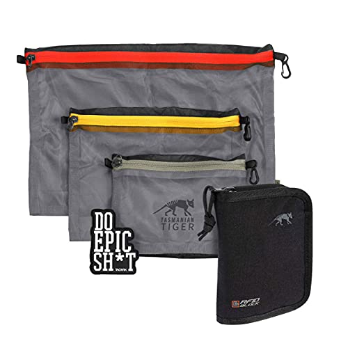 TACWRK x Tasmanian Tiger TT Wallet RFID B Black + Tasmanian Tiger TT Mesh Pocket Set Rubber Fun Patch - Bundle Geldbörse mit Ausleseschutz + Organizer-Taschen + Rubber Patch von TACWRK