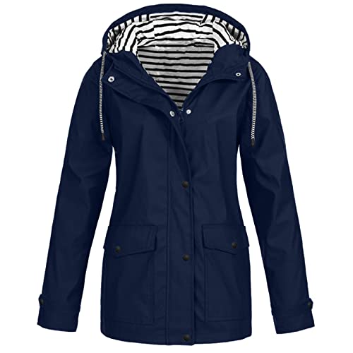 Damen Regenjacke, Regenmantel Damen Wasserdicht Regenjacke Damen Atmungsaktiv Reißverschluss Auskleidung Kapuze Jacken mit Taschen Einfarbig Gefütterte Regenjacke Regenmantel Damen (Blau,XXL) von TAELU