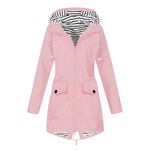 Gefütterte Regenjacke Damen, Regenjacke Damen Regenjacke Damen Atmungsaktiv Reißverschluss Auskleidung Kapuze Jacken mit Taschen Einfarbig Gefütterte Regenjacke Regenmantel Gefüttert Damen (Pink,L) von TAELU