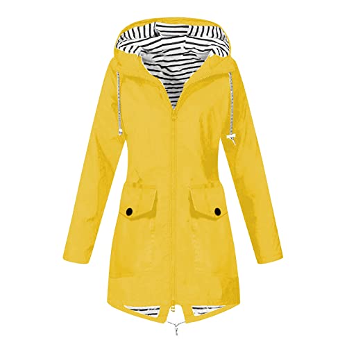 TAELU Damen Regenmantel, Regenponcho Damen Regenjacke Damen Atmungsaktiv Reißverschluss Auskleidung Kapuze Jacken mit Taschen Einfarbig Gefütterte Regenjacke Regenmantel Damen Wasserdicht (Gelb,XL) von TAELU