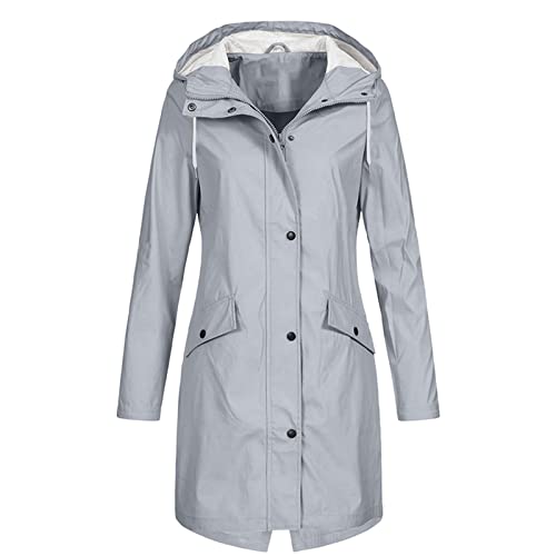 TAELU Regenjacke Damen Wasserdicht mit Kapuze Lang Regenmantel Leicht Sommerjacke Regenparka Tailliert Wasserdichte Jacke Damen Jacke Damen Grau M von TAELU