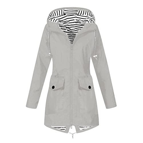 Wasserdichter Regenmantel Damen, Regenjacke Sport Regenjacke Damen Atmungsaktiv Reißverschluss Auskleidung Kapuze Jacken mit Taschen Einfarbig Gefütterte Regenjacke Regenjacken für Damen (Grau,3XL) von TAELU