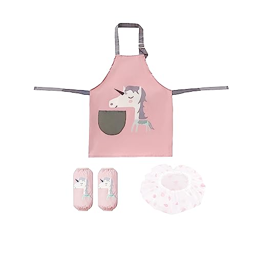 1 Stück rosa Pferdeschürze mit 1 Paar rosa Ärmeln und 1 Stück Wassertropfen-Haarkappe, Kinderschürzenset, Verstellbare wasserdichte Schürze, Baby-Ess-Kittel, geeignet zum Basteln, Malen, Kochen von TAFACE