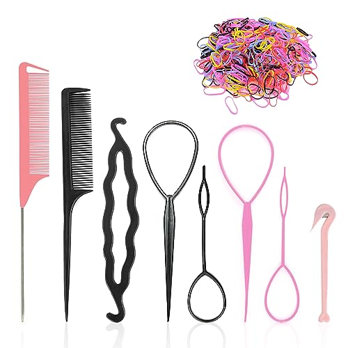 2 Sätze Haarflechtwerkzeuge, mit 500 kleinen Gummiringen, Schwanzhaarspannwerkzeug, Zopfzubehör, Lockenstab, geeignet für Frauen Mädchen (Rosa, Schwarz) von TAFACE